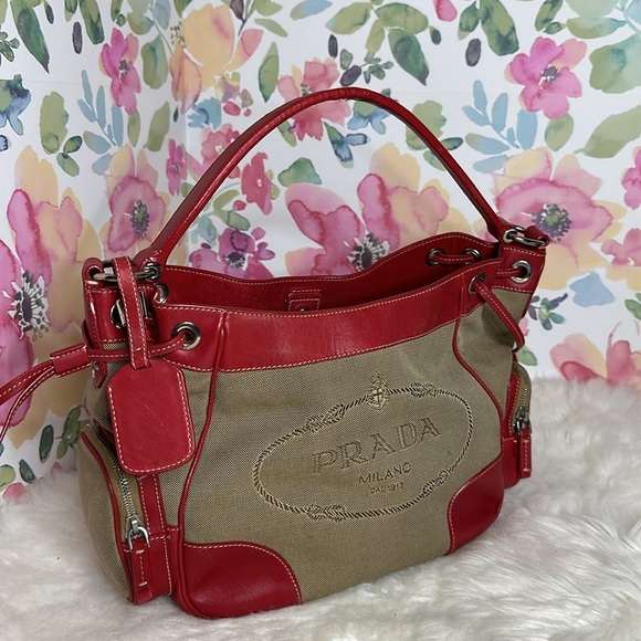 💯Authentic PRADA 
Jacquard Logo Hobo Corda Rosso🍀 - Picture 1 of 17